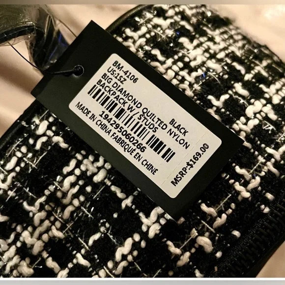 Badgley Mischka Backpack Tweed Quilted Studded Black/White display picture 2